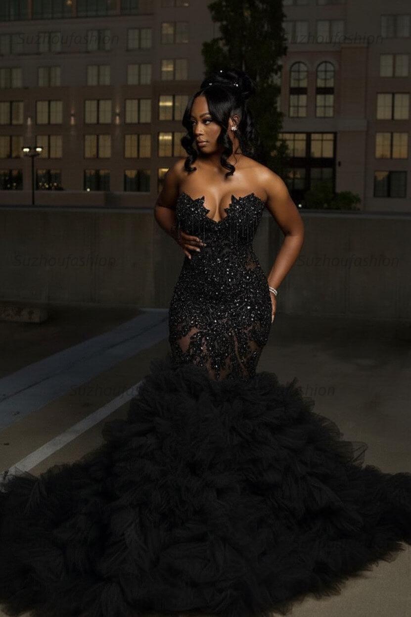 Mermaid Sweetheart Prom Dress Ruffled Sleeveless Formal Evening Gown with Rhinestones and Beadings