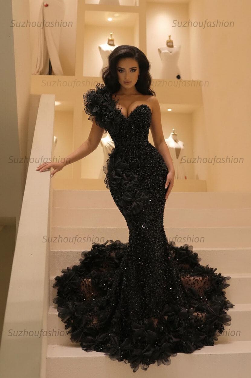 Burgundy One Shoulder Prom Dress Mermaid Sequined Formal Evening Dress with 3D Flowers