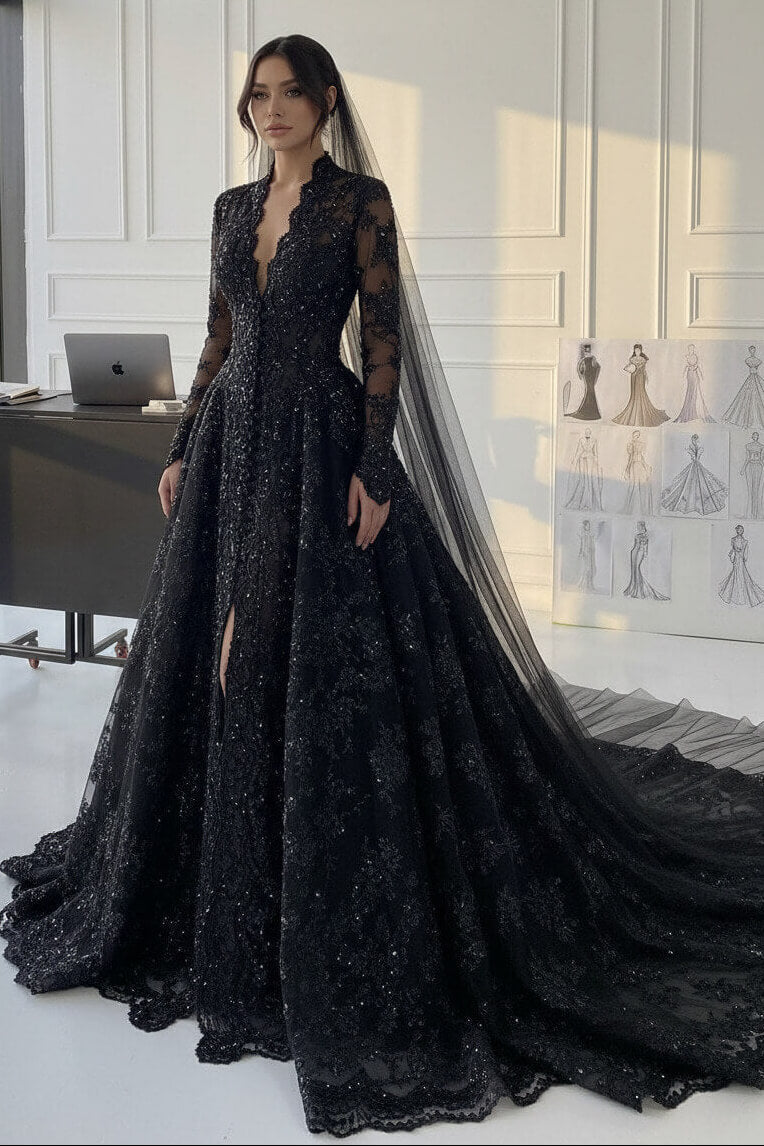 Suzhoufashion A Line V Neck Champagne Long Wedding Dress With Appliques Lace Bridal Gown
