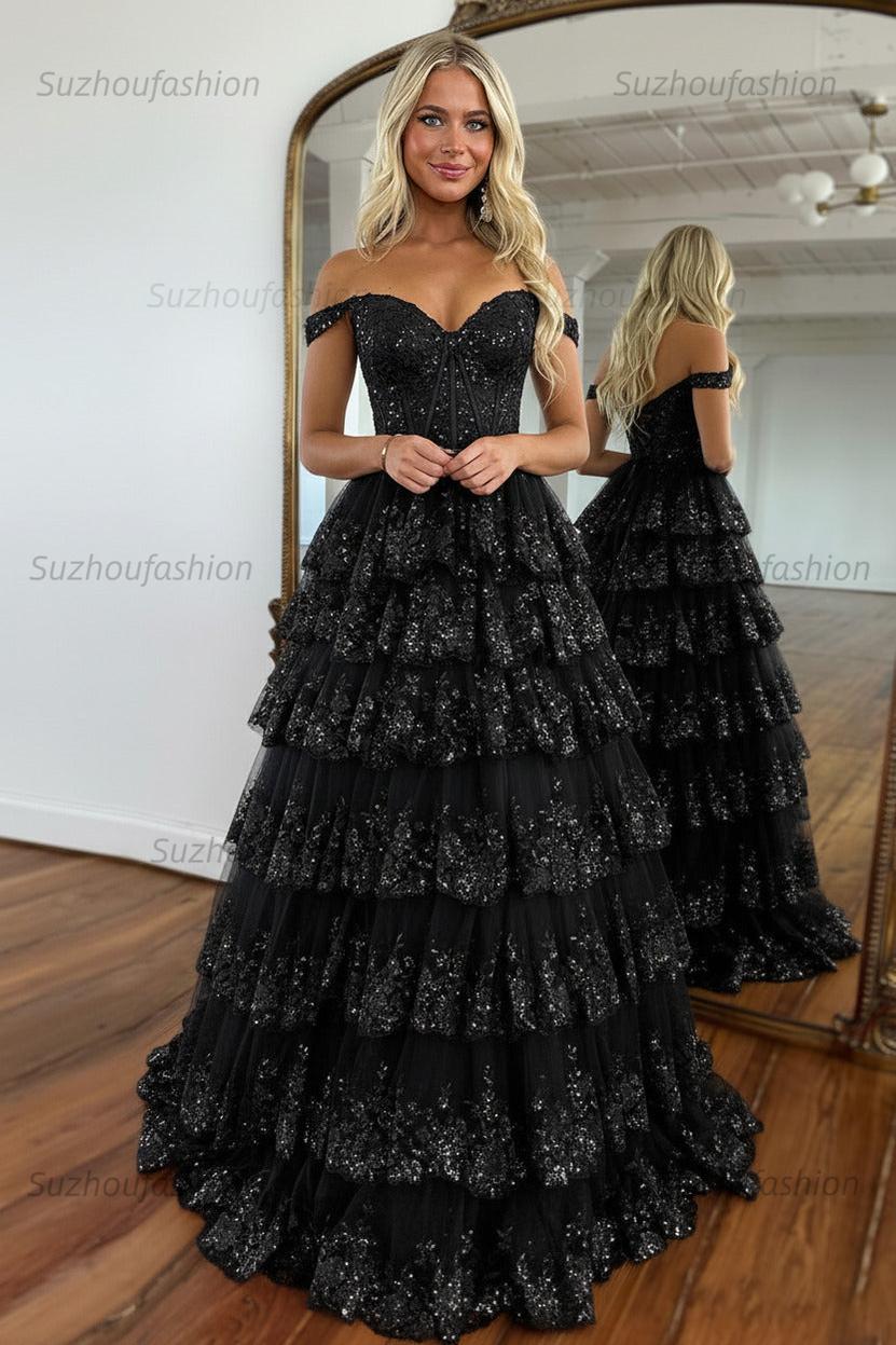 Glitter Hot Pink Corset Off the Shoulder Lace Long Prom Dress