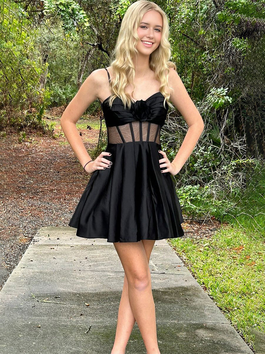 A Line Straps Satin Short Homecoming Dresses with Bow
