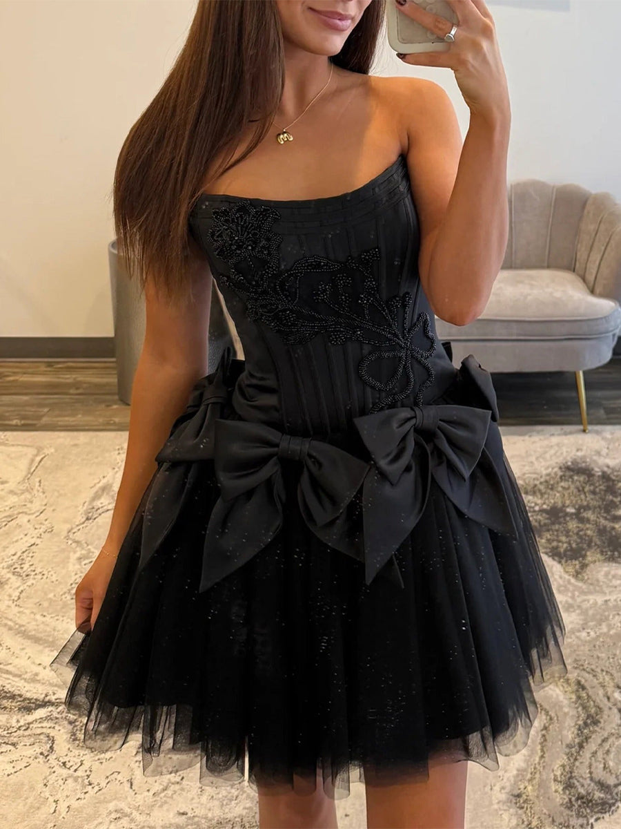 Strapless Beading Short Homecoming Dress with Waist Bow - VelvetHem