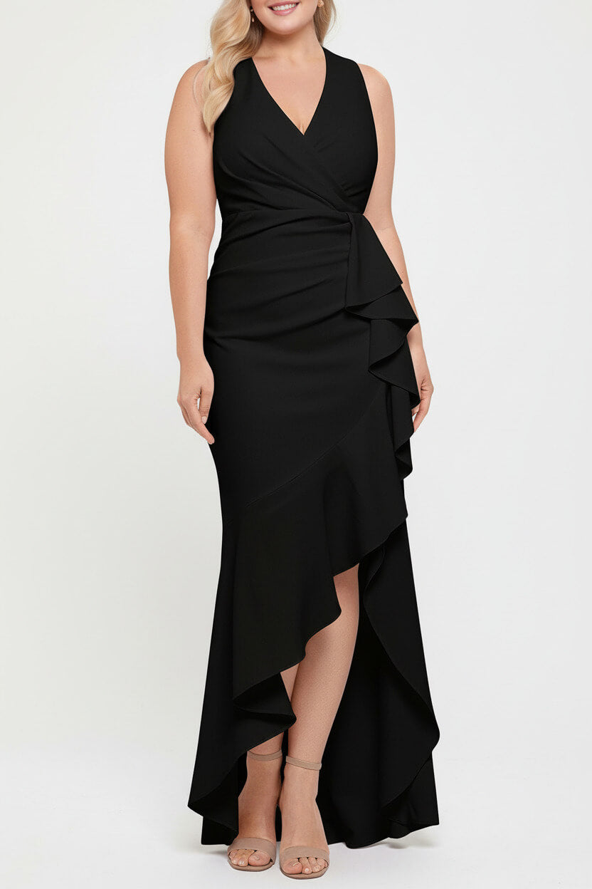 V Neck Sleeveless Plus Size Long Sheath Column Mother of the Bride Dress with Ruffles