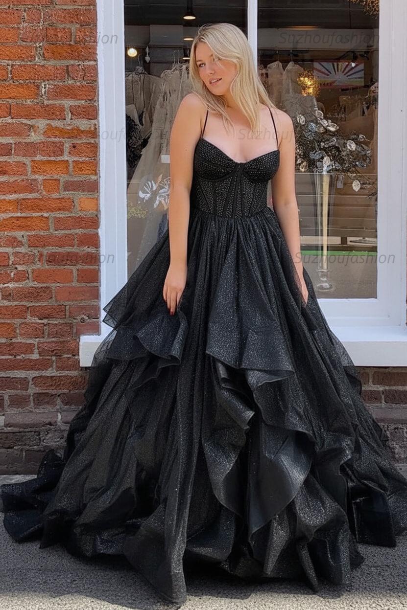 Dark Green A Line Long Corset Prom Dress With Ruffles