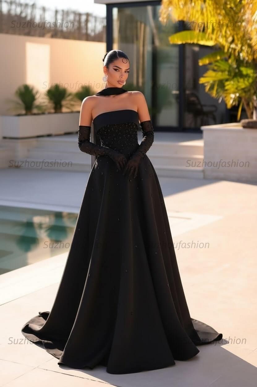Strapless Formal Dress Light Blue Beaded A Line Prom Evening Dress