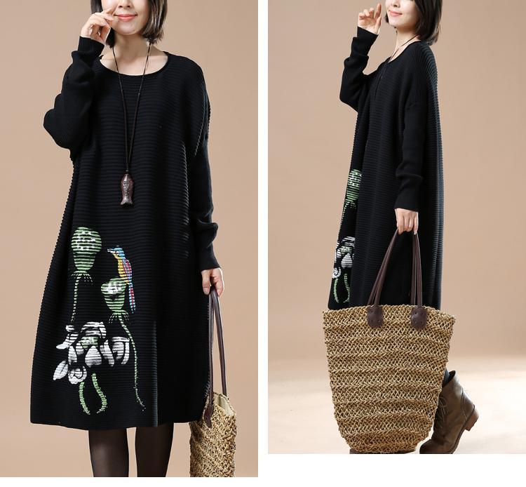 Black floral sweaters long knit dress