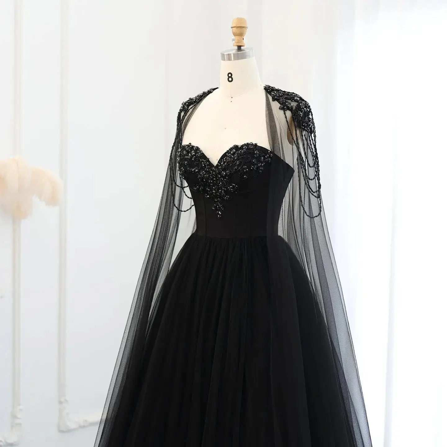 Black Luxury Gothic Wedding Dress Beaded Tulle Ball Gown With Sheer Beaded Cape ZP028