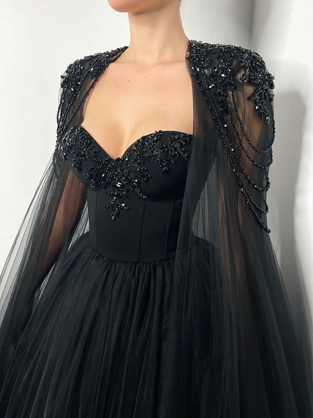 Black Luxury Gothic Wedding Dress Beaded Tulle Ball Gown With Sheer Beaded Cape ZP028
