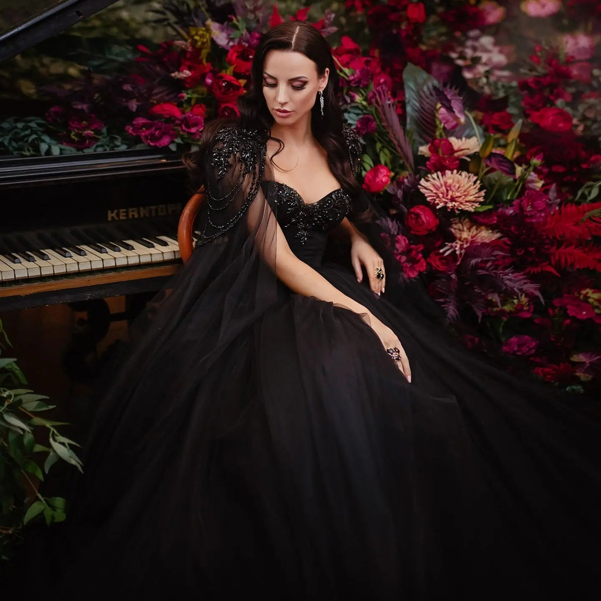 Black Luxury Gothic Wedding Dress Beaded Tulle Ball Gown With Sheer Beaded Cape ZP028