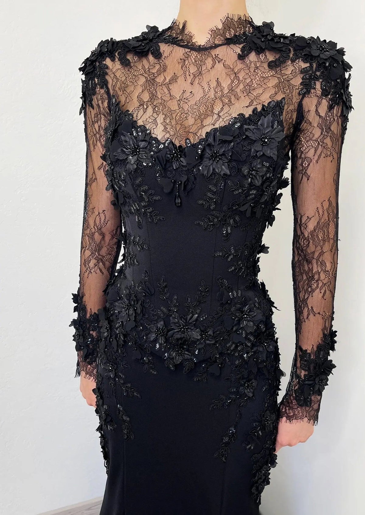 Black Luxury Gothic Wedding Dress Mermaid 3D Floral With Lace Edge Train ZP194