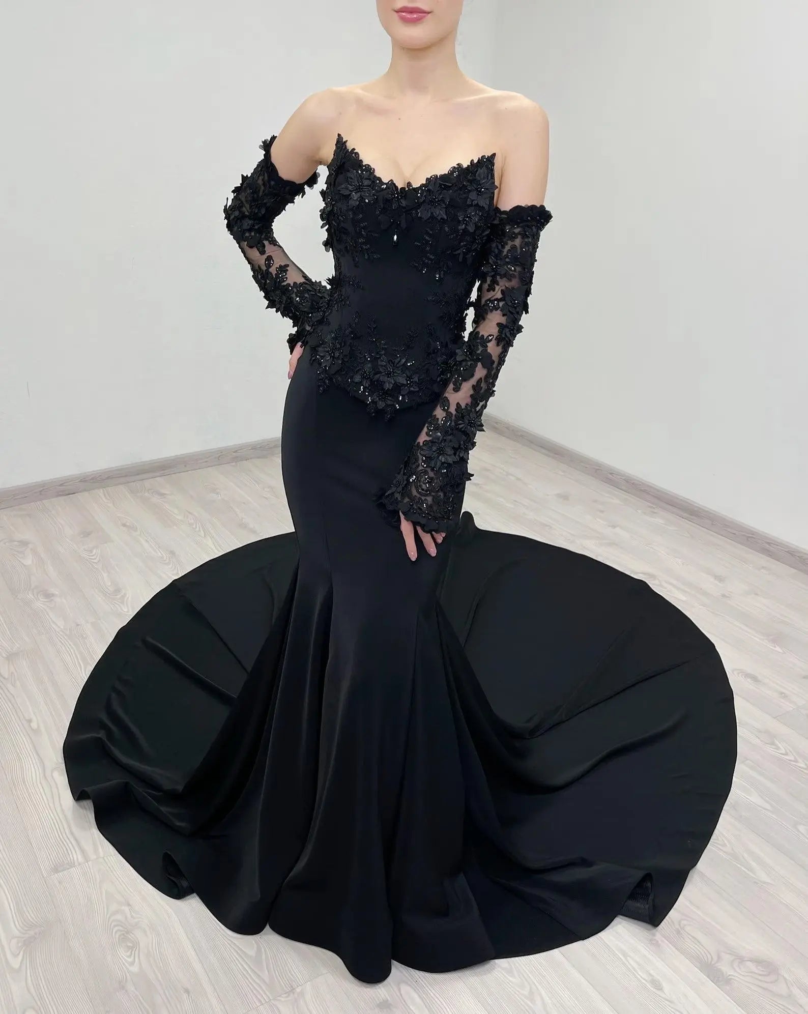 Black Luxury Gothic Wedding Dress Mermaid 3D Floral Lace ZP195