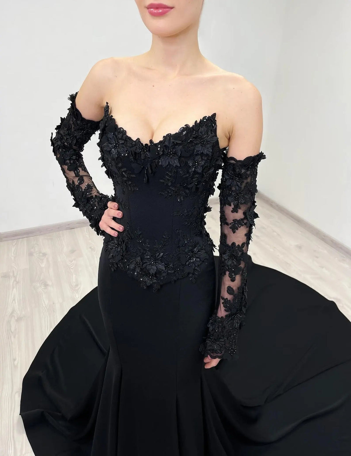 Black Luxury Gothic Wedding Dress Mermaid 3D Floral Lace ZP195