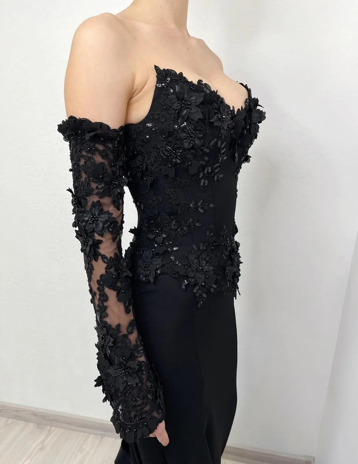 Black Luxury Gothic Wedding Dress Mermaid 3D Floral Lace ZP195