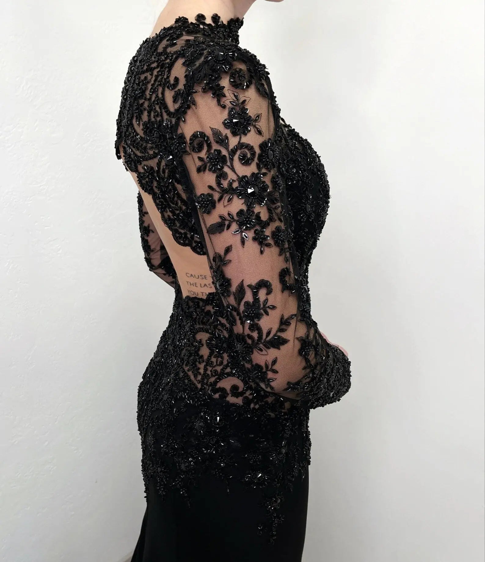 Black Luxury Gothic Heavy Beading Wedding Dress Mermaid Sheer Full Lace Circular Train ZP193
