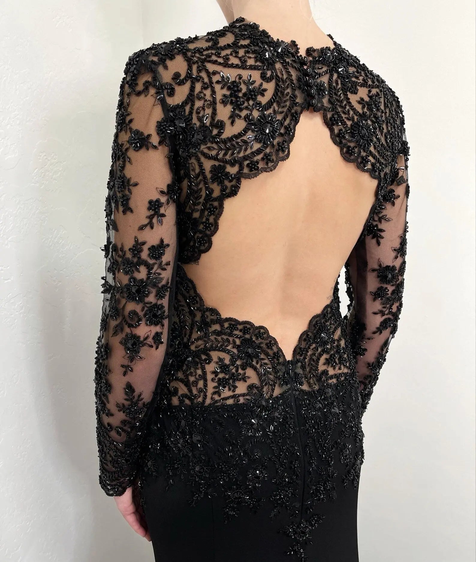 Black Luxury Gothic Heavy Beading Wedding Dress Mermaid Sheer Full Lace Circular Train ZP193