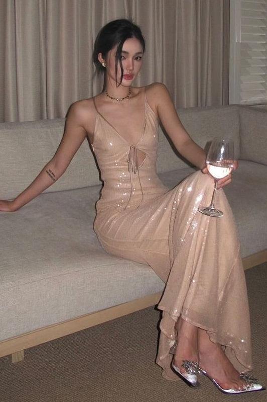 Suzhoufashion Bling Mermaid Spaghetti Straps Light Champagne Sequined Long Prom Dress Formal Evening Gown