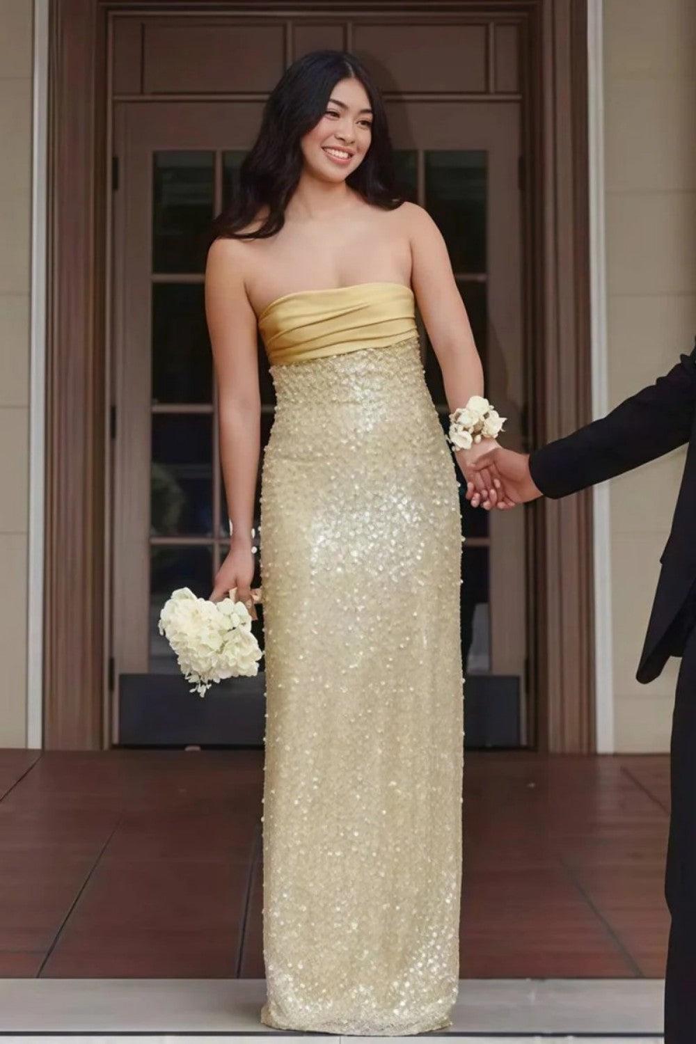 Sheath Strapless Lilac Long Prom Dress With Pearls Slit Formal Evening Gown