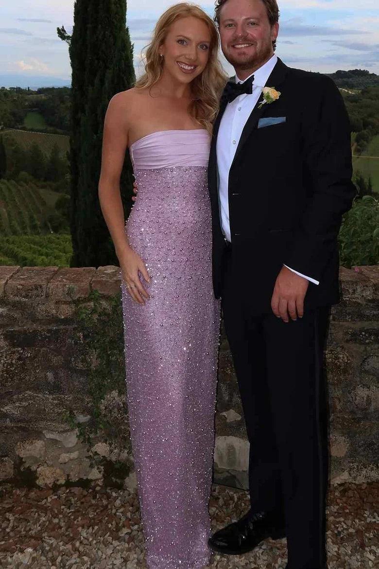 Sheath Strapless Lilac Long Prom Dress With Pearls Slit Formal Evening Gown