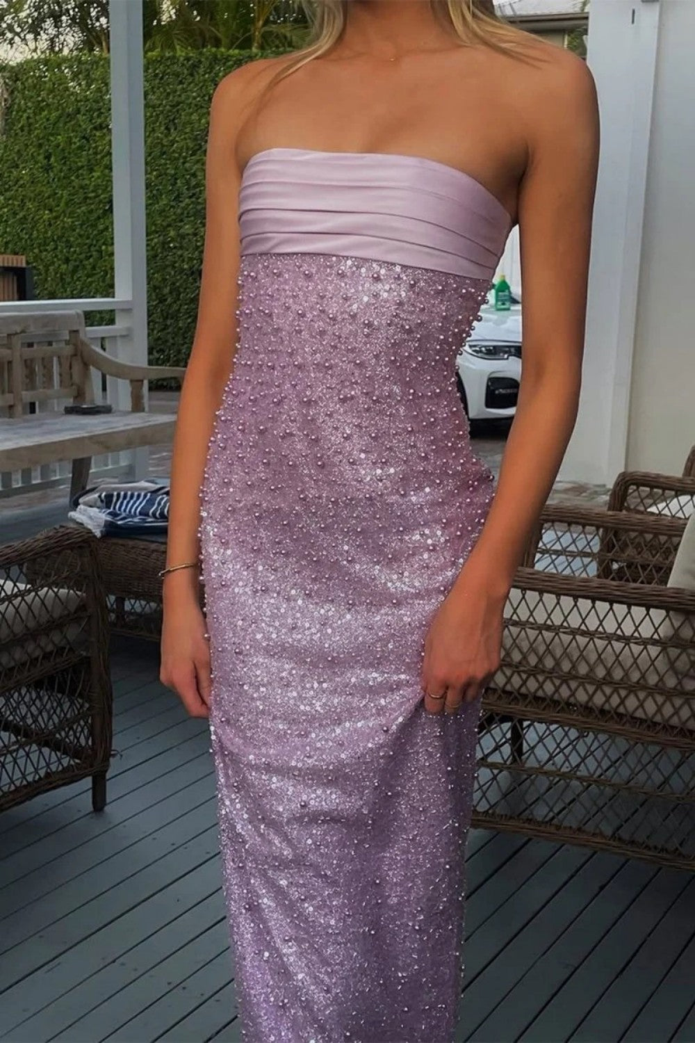 Bling Sheath Strapless Lilac Long Prom Dress with Pearls