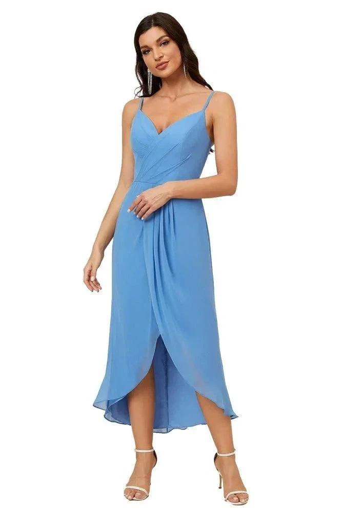 ZapDress Spaghetti Chiffon V Neck Bridesmaid Dress Mid-Length Slit Formal Prom Dress Homecoming Dress 2803 (ZD16952) - VelvetHem