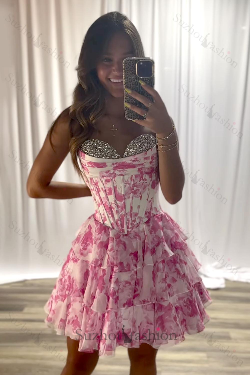 A Line Homecoming Dresses Floral Corset Short Cocktail Dresses With Beading