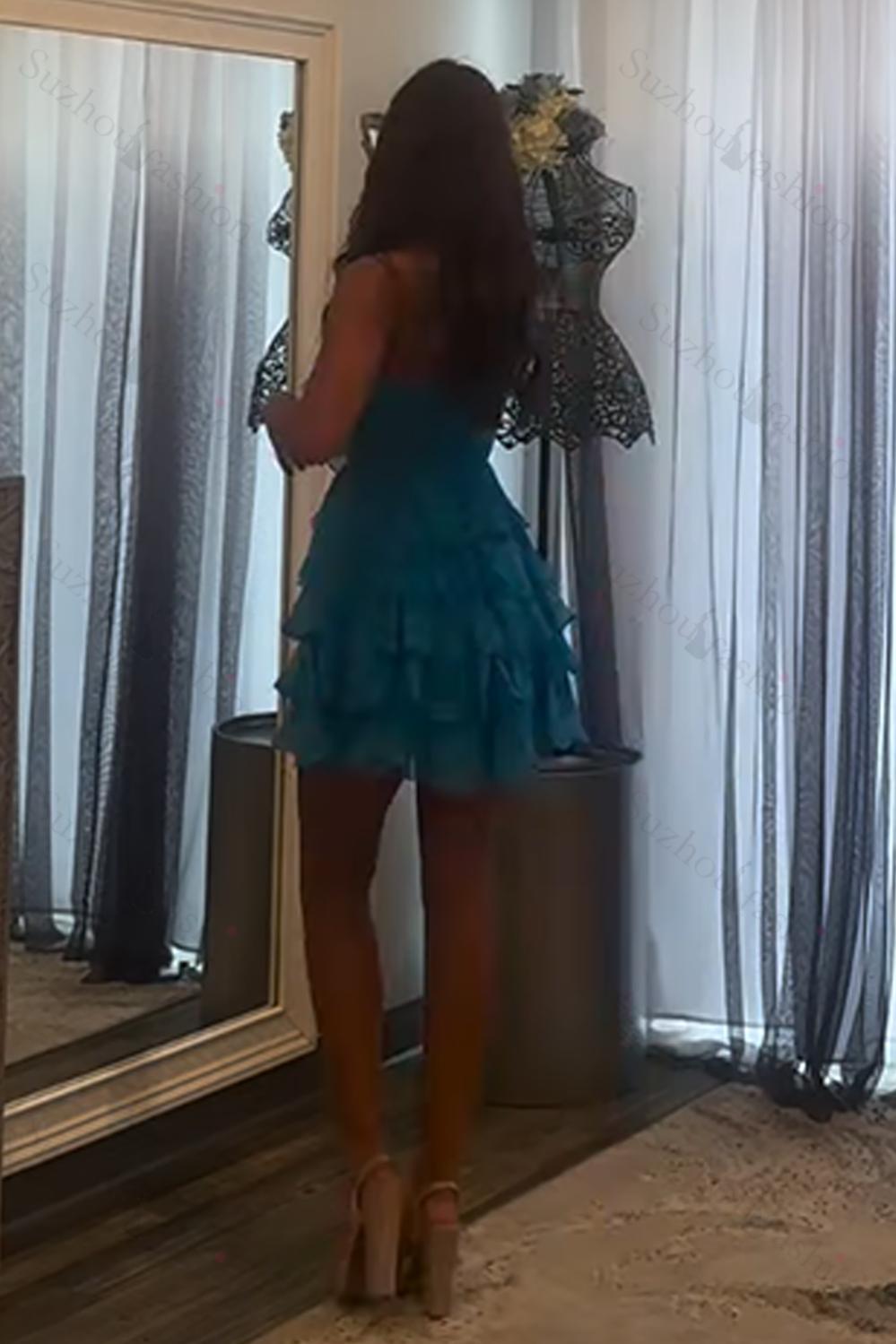Blue A Line Homecoming Dresses Tiered Ruffled Short Cocktail Dresses With Bow