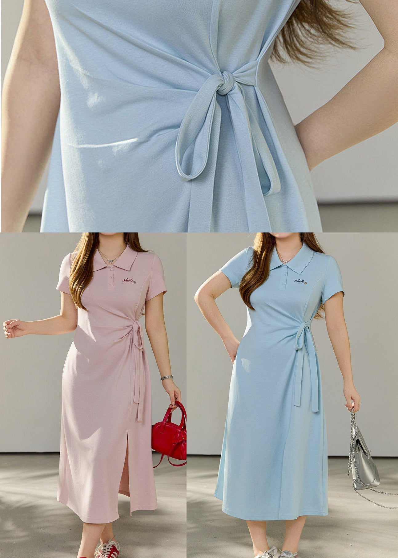 Blue Cotton Shirt Dress Tie Waist Side Open Summer