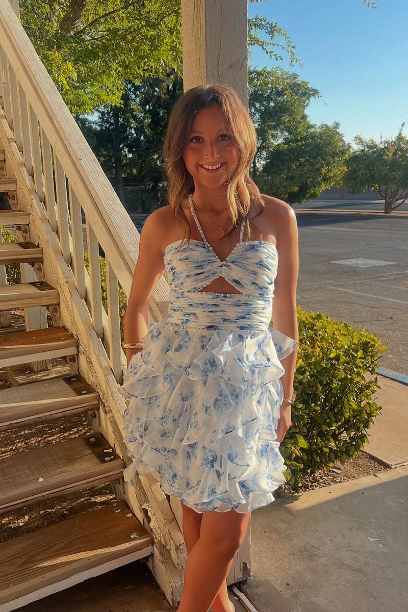 Suzhoufashion Blue Floral Halter Ruffled Tiered Pearl Hoemcoming Dress