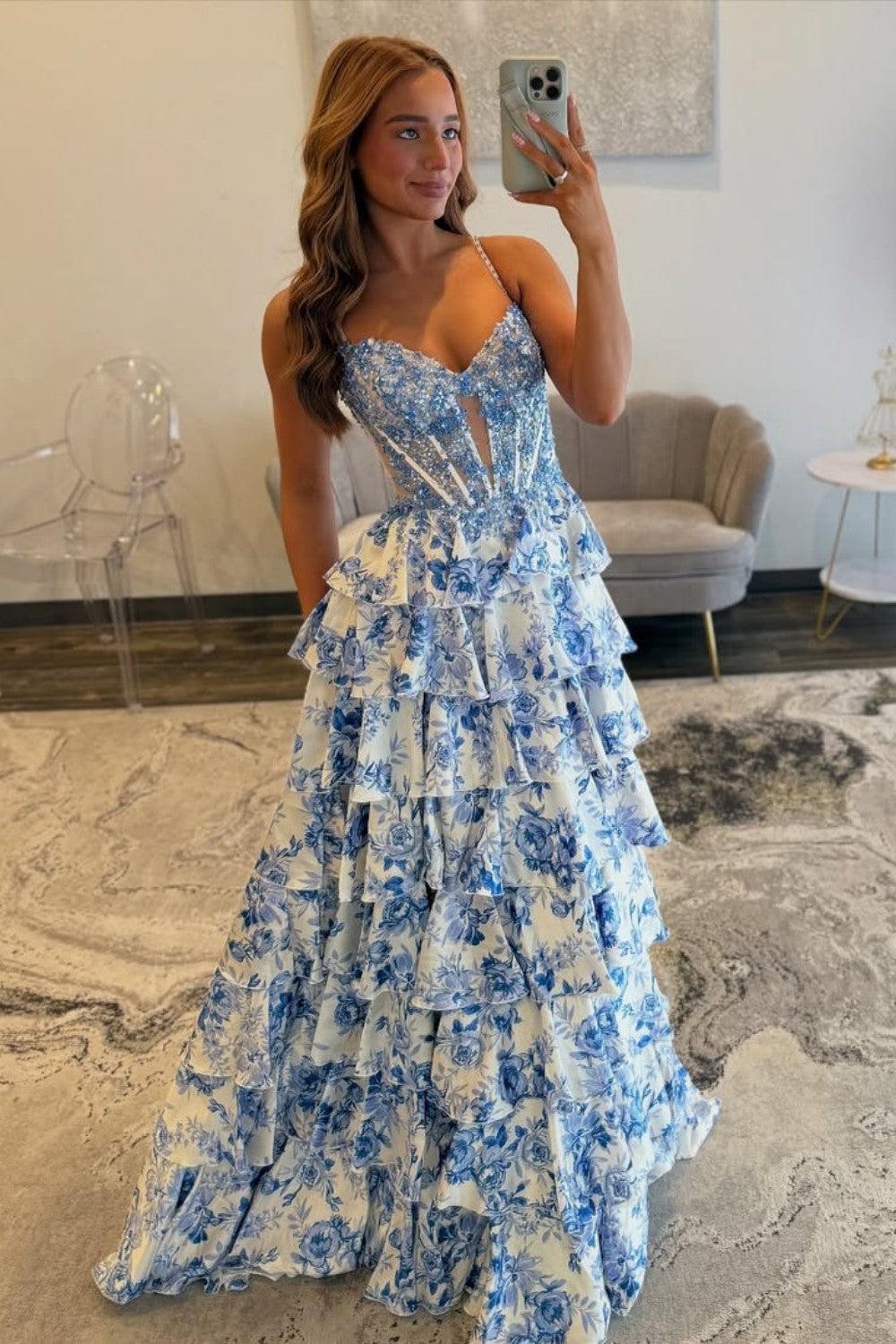 Suzhoufashion Blue Floral Spaghetti Straps Ruffle High-Slit Prom Dress With Lace Bodice Formal Evening Gown