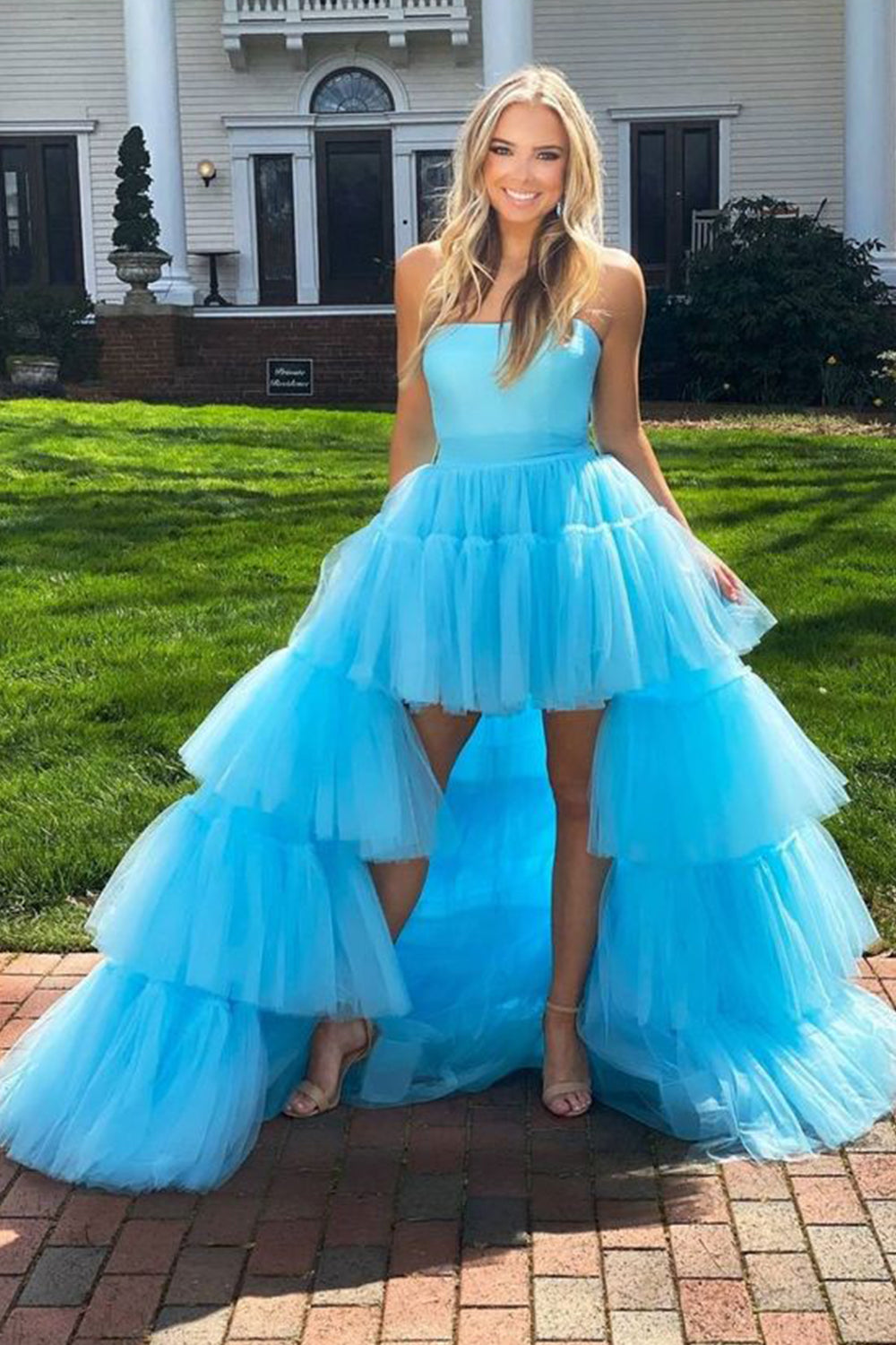 Blue Homecoming Dresses A-Line High Low Strapless Prom Dress with Ruffles