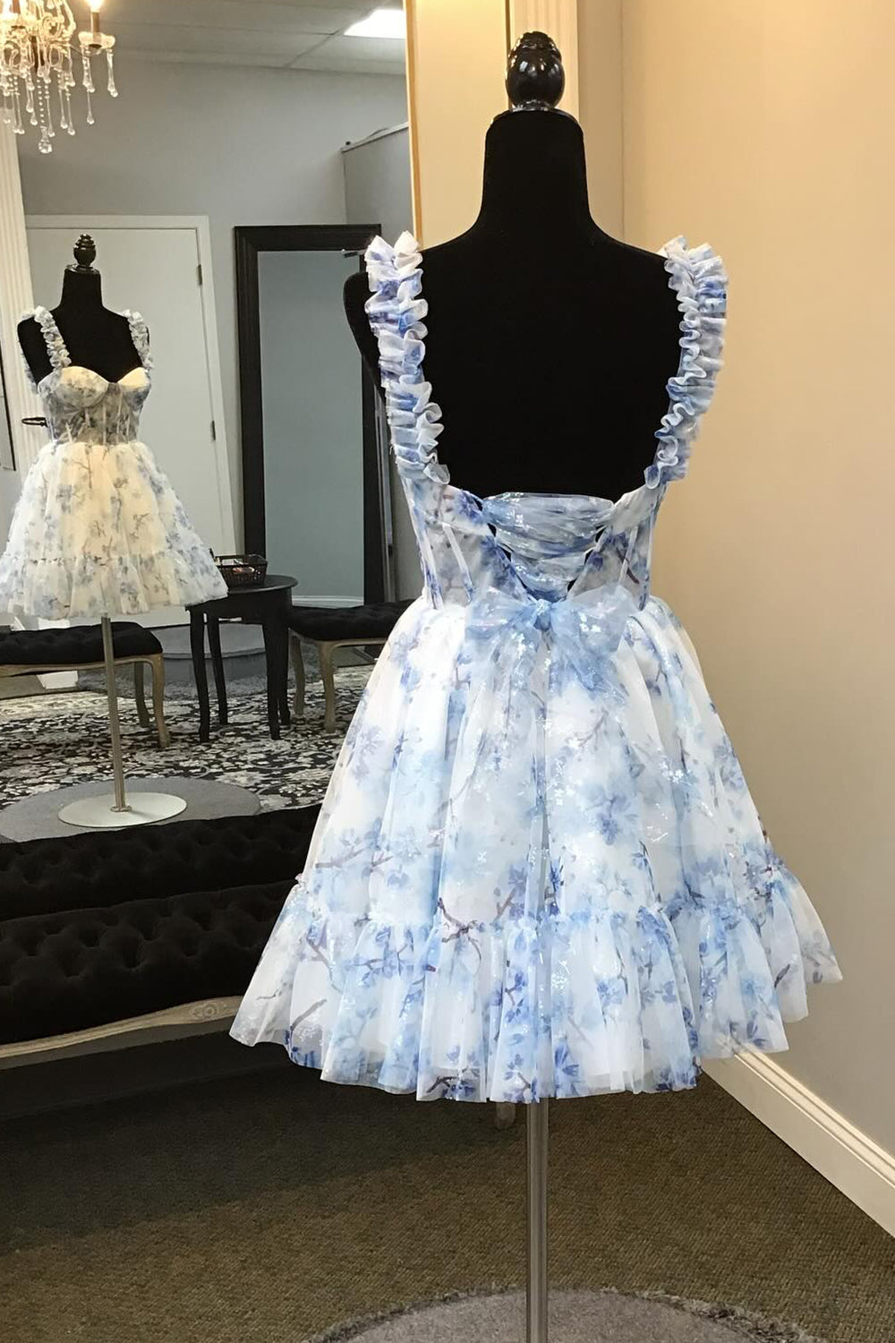 Blue Homecoming Dresses Corset A Line Floral Printed Short Cocktail Dresses