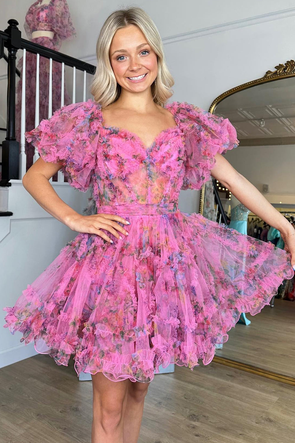Blue Homecoming Dresses Corset Off The Shoulder Floral A-Line Short Cocktail Dresses