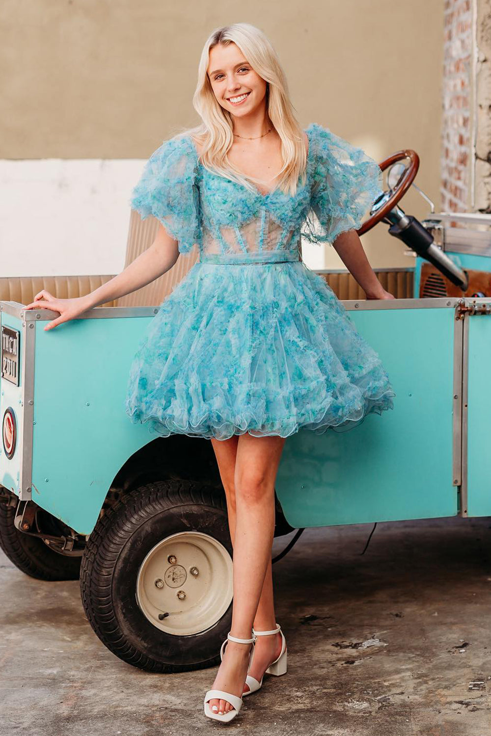 Blue Homecoming Dresses Corset Off The Shoulder Floral A-Line Short Cocktail Dresses