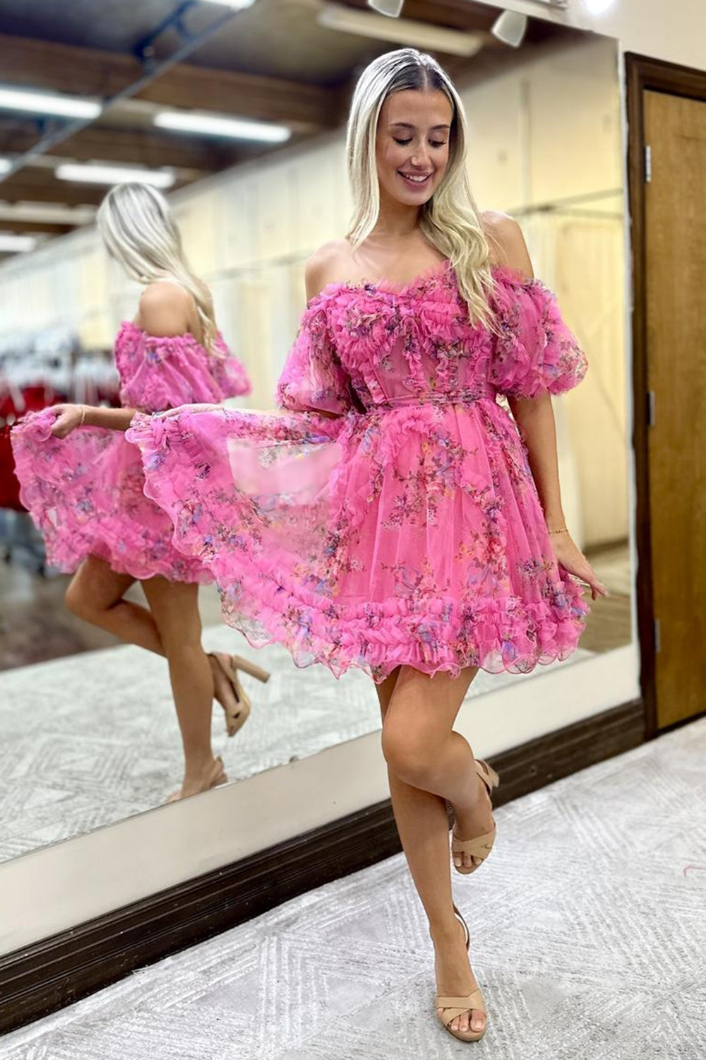 Blue Homecoming Dresses Corset Off The Shoulder Floral A-Line Short Cocktail Dresses