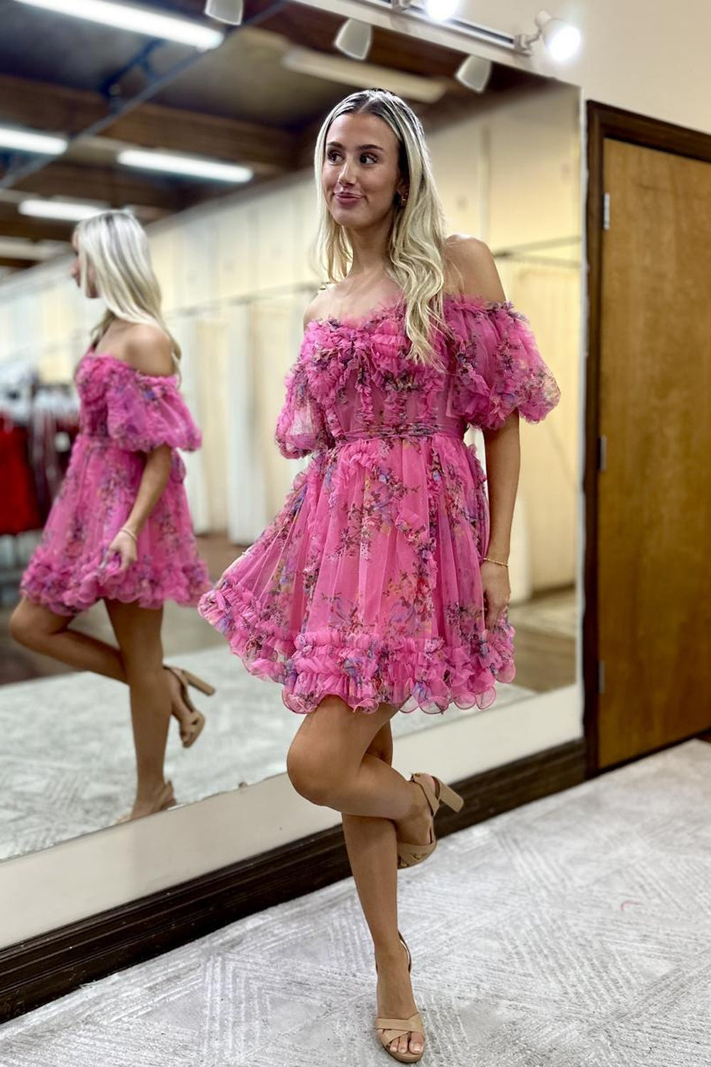 Blue Homecoming Dresses Corset Off The Shoulder Floral A-Line Short Cocktail Dresses