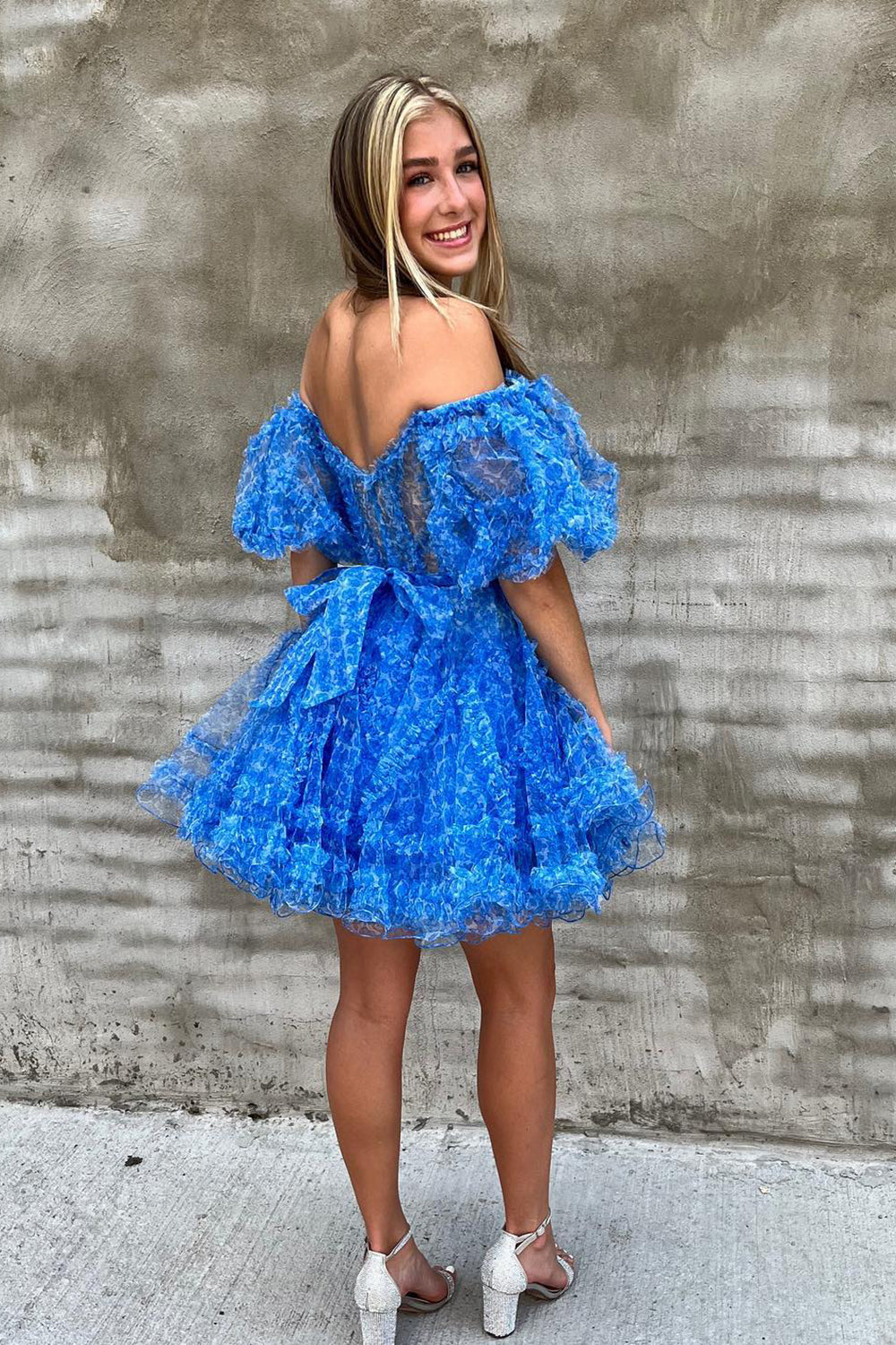 Blue Homecoming Dresses Corset Printed A-Line Short Cocktail Dresses with Sleeves
