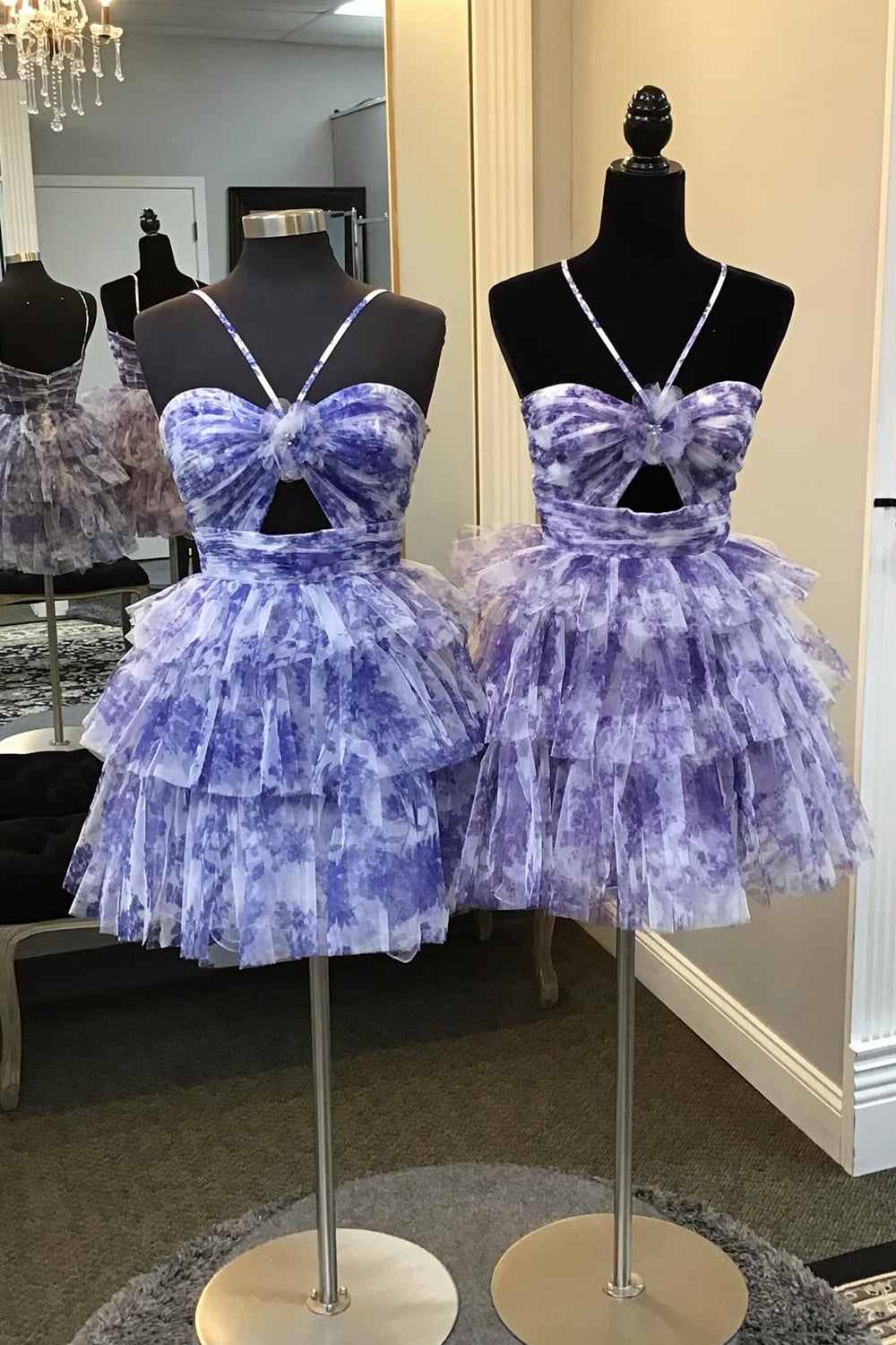 Blue Homecoming Dresses Halter A Line Tiered Floral Printed Prom Dress