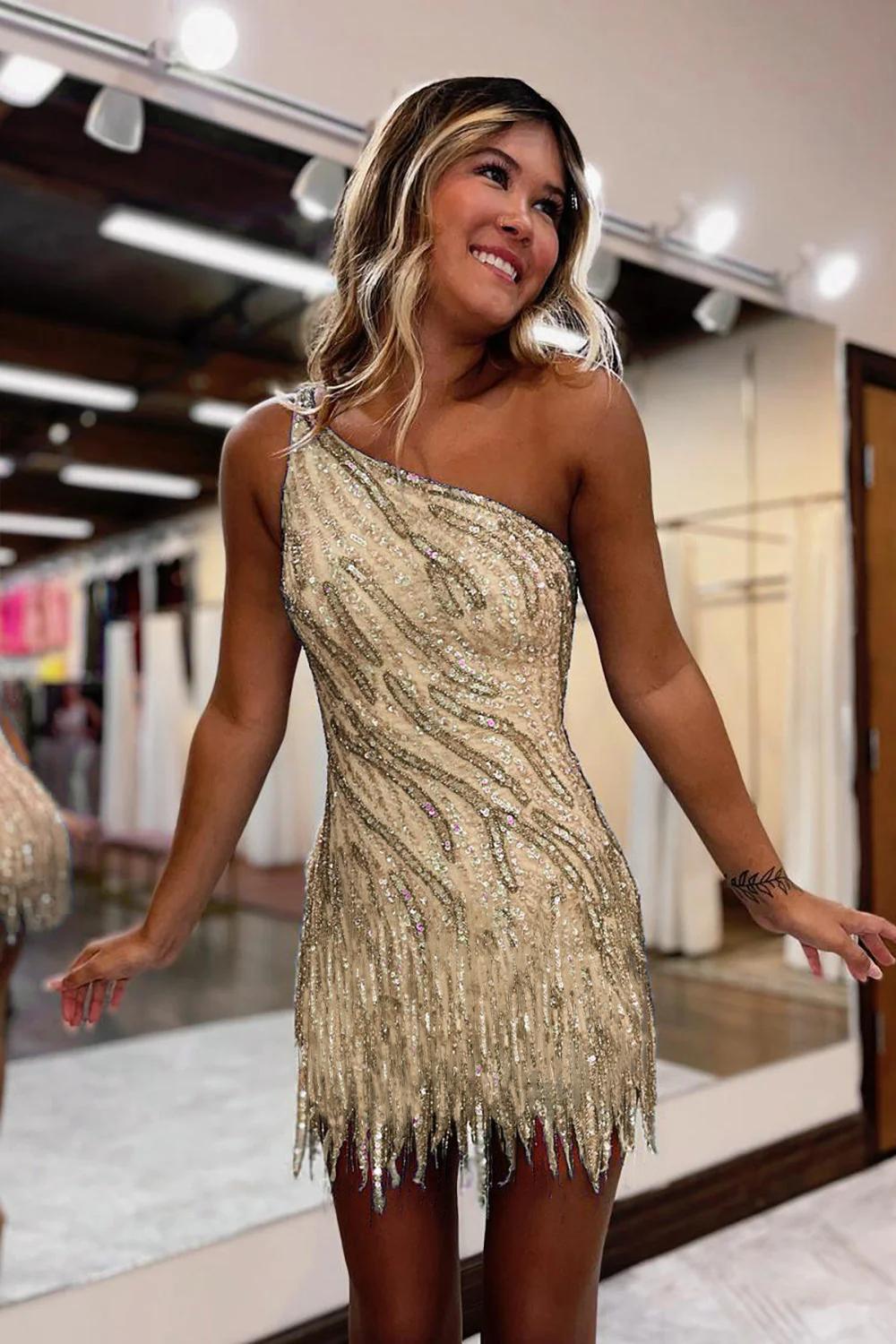 Blue Homecoming Dresses One Shoulder Sequin Tight Short Hoco Dress with Fringes