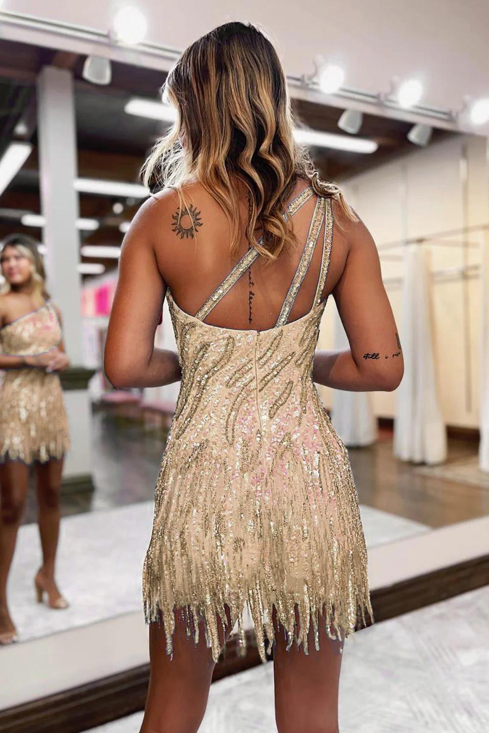 Blue Homecoming Dresses One Shoulder Sequin Tight Short Hoco Dress with Fringes