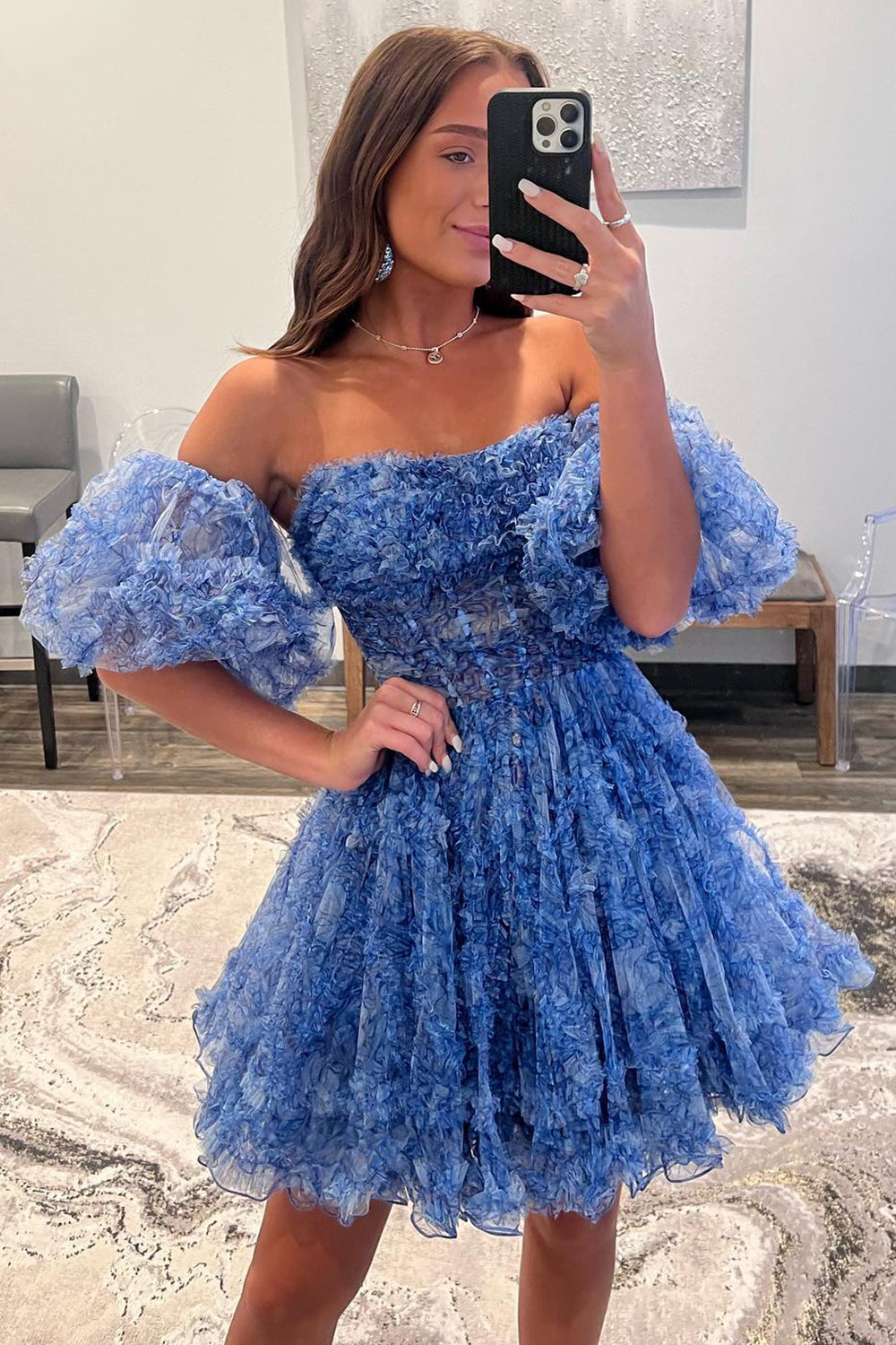 Blue Homecoming Dresses Printed Detachable Sleeves Ruffled Short Cocktail Dresses