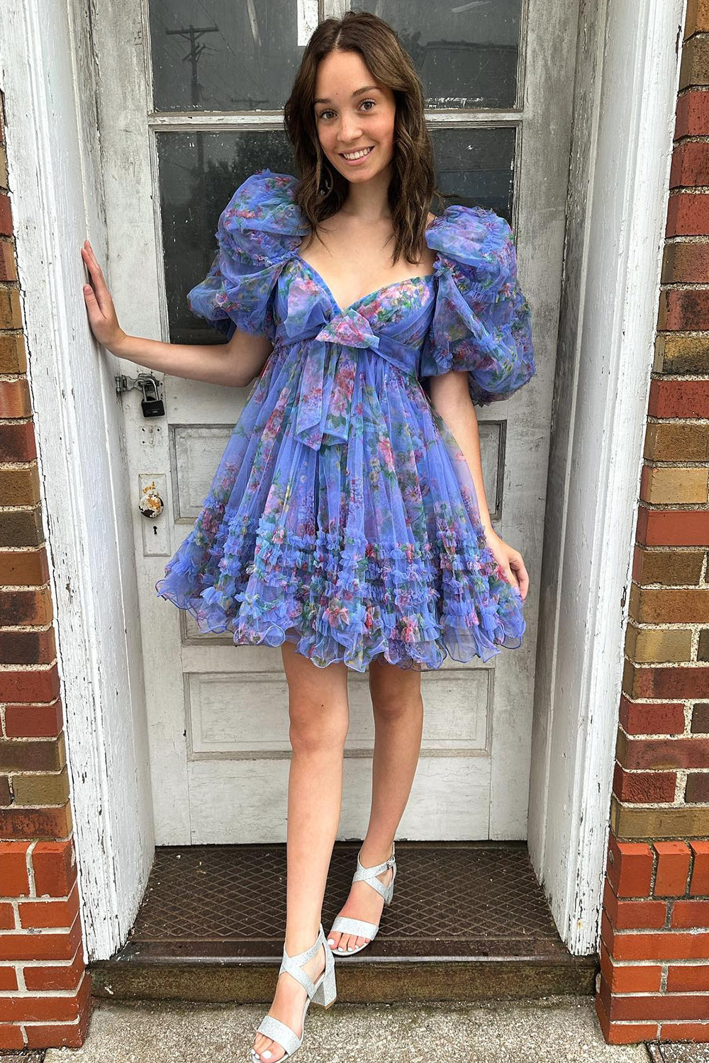 Blue Homecoming Dresses Puff Sleeves A-Line Floral Short Cocktail Dresses with Ruffles