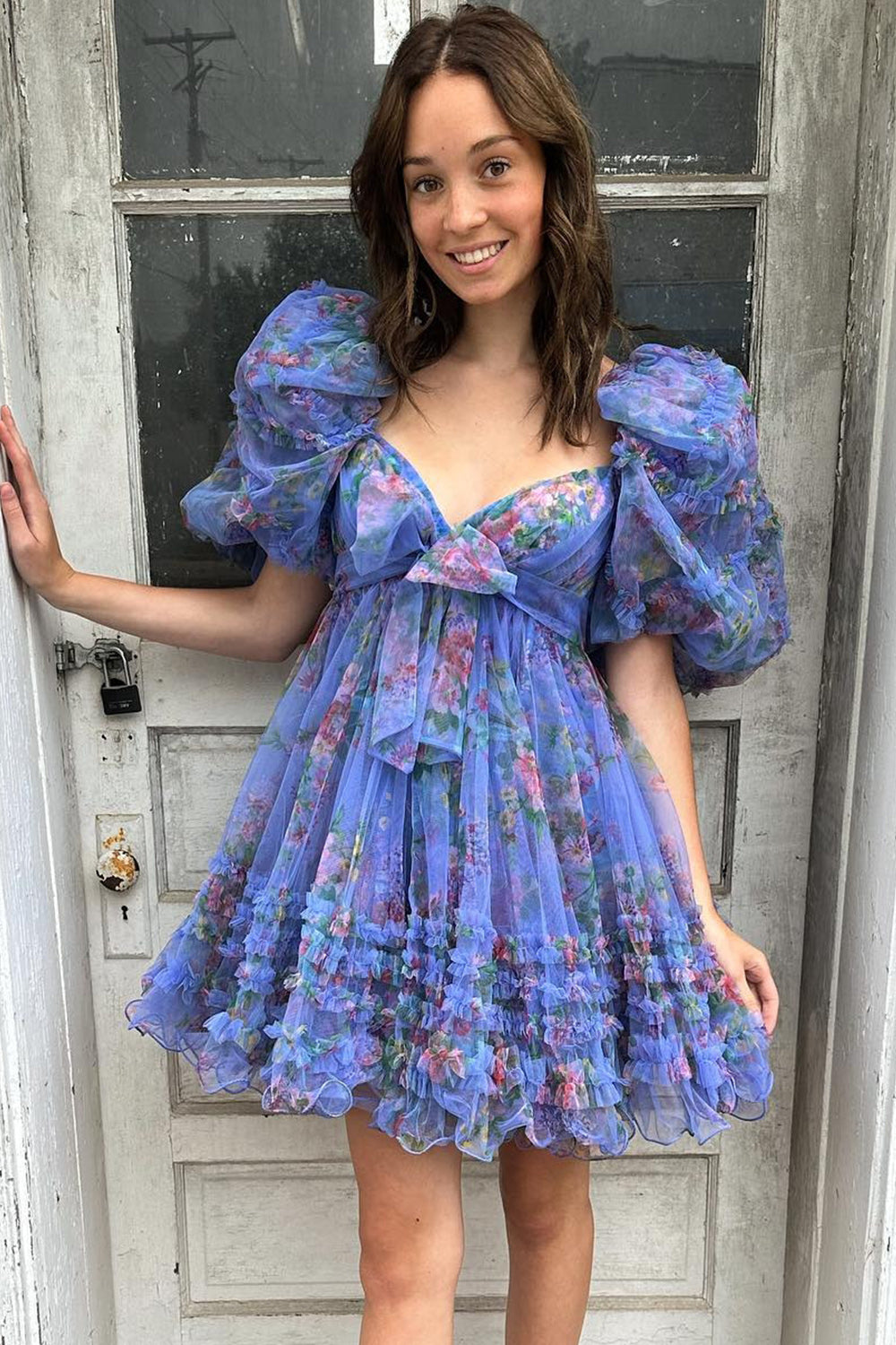 Blue Homecoming Dresses Puff Sleeves A-Line Floral Short Cocktail Dresses with Ruffles