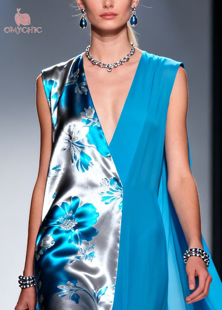 Blue Patchwork Chiffon Vacation Dresses Asymmetrical Design Sleeveless