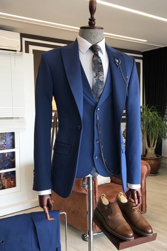 Blue Peaked Lapel 3 Piece Slim Fit Prom Suit for Men