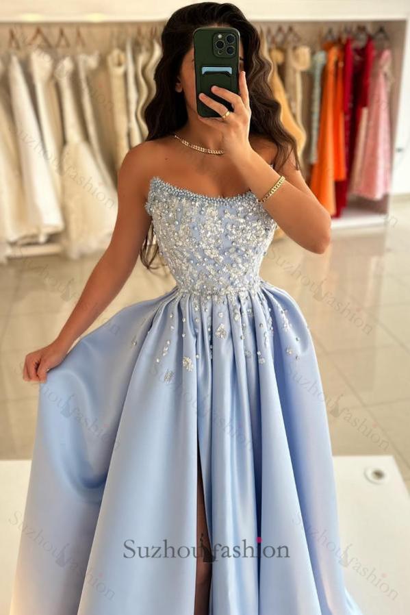 Blue Prom Dress A Line Strapless Sleeveless Sequined Beaded Satin Formal Dress With Rhinestones And Pearls
