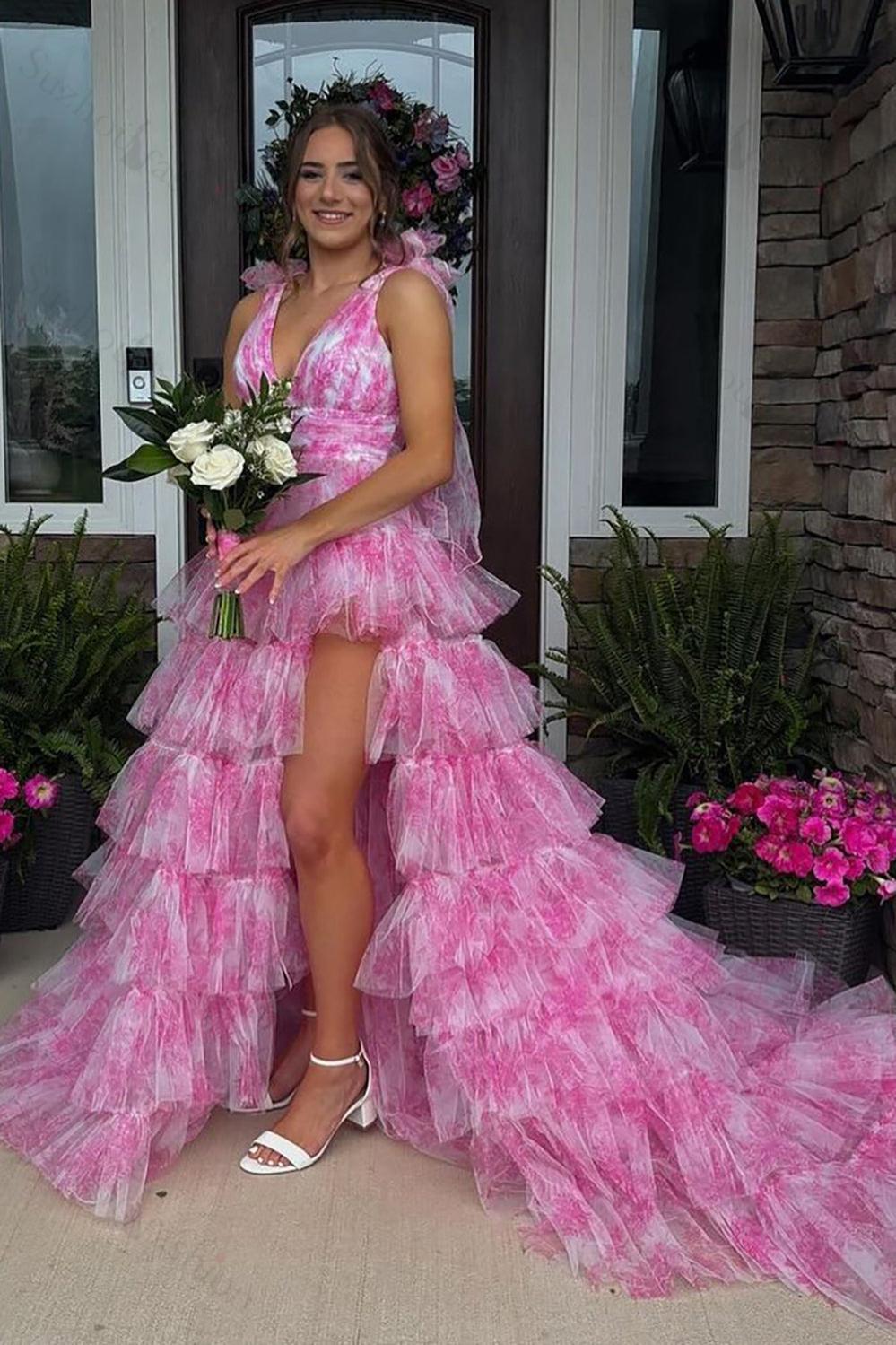 Blue Prom Dress Floral A-Line Ruffled Tie-Strap Long Formal Dress With Slit