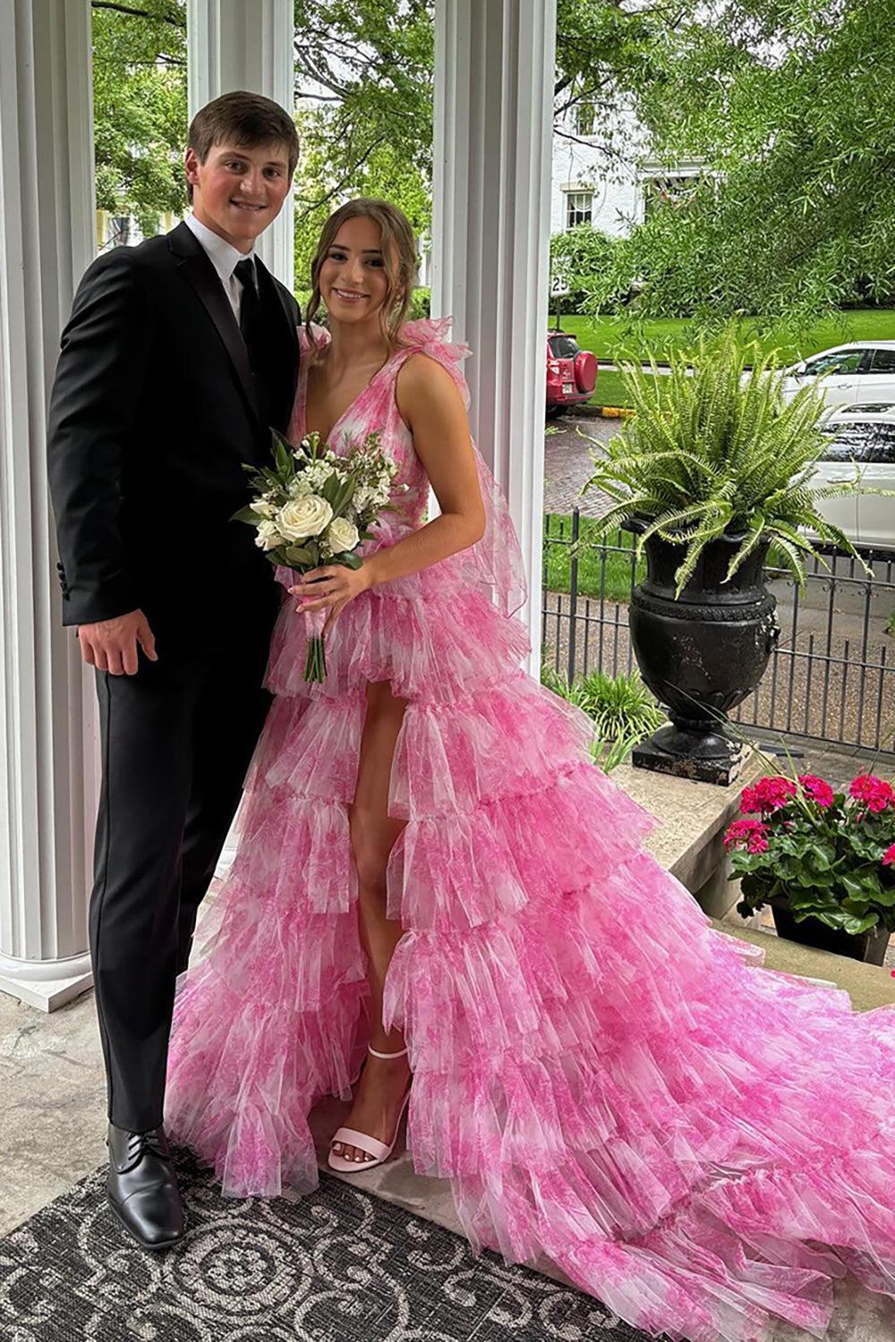 Blue Prom Dress Floral A-Line Ruffled Tie-Strap Long Formal Dress With Slit
