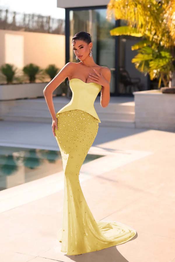 Blue Prom Dress Mermaid Beaded Strapless Sleeveless Satin Chiffon Formal Dress With Rhinestone