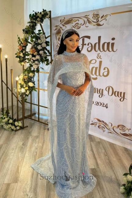 Blue Prom Dress Mermaid Spaghetti Strap Sequined Sleeveless Tulle Formal Dress