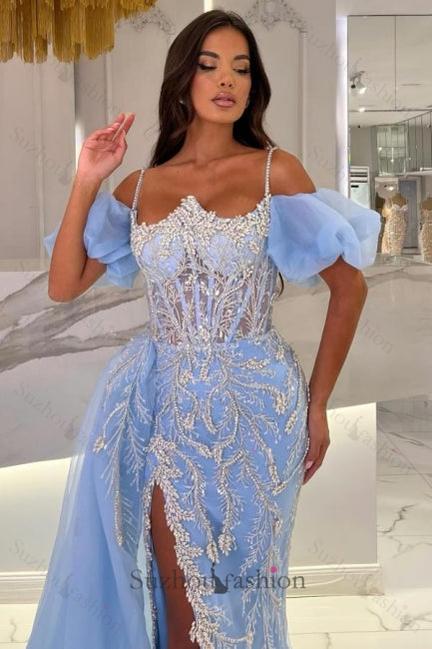Blue Prom Dress Puff Sleeves Slit Beaded Panel Train Tulle Formal Dress With Appliques